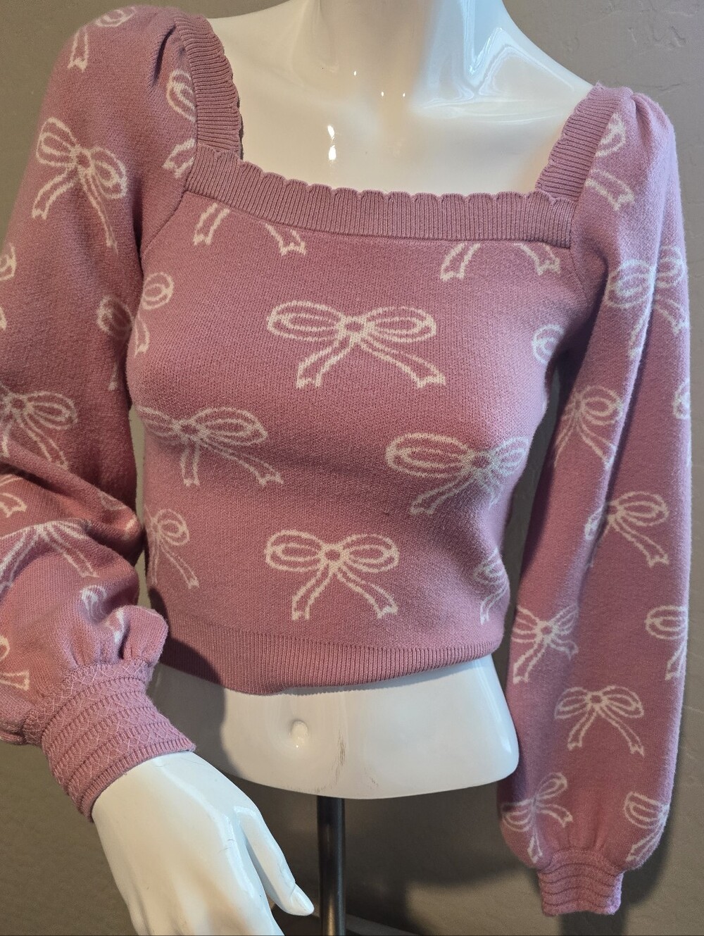 Pink Bow Pattern Square-Neck Sweater